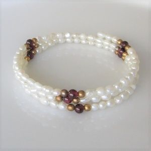 Vintage Pearl Coil Bracelet w/ Garnet & Gold Beads